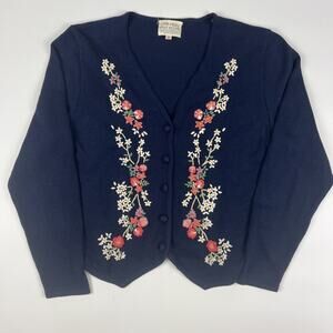 Vintage Susan Bristol Navy Blue Floral Embroidered Cardigan 90s Small